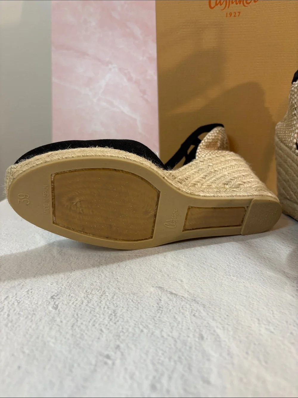 Castaner Carina Black Canvas Espadrille Wedges with Tie-Up Ribbons 39/ US 8 NWT